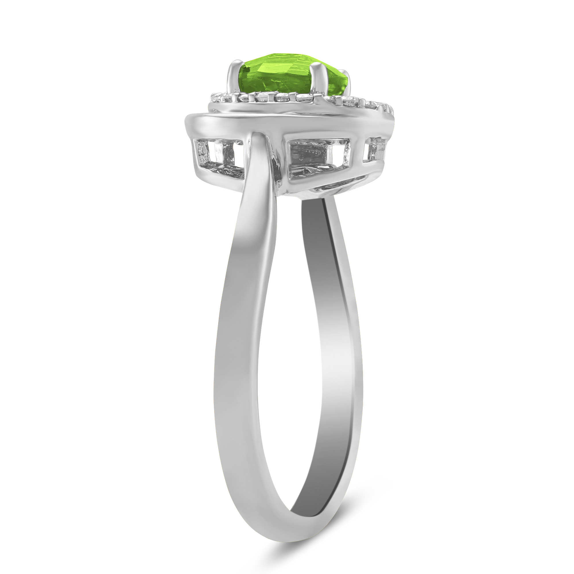 Round Checkerboard Peridot & Diamond Swirl Halo Ring in White Gold