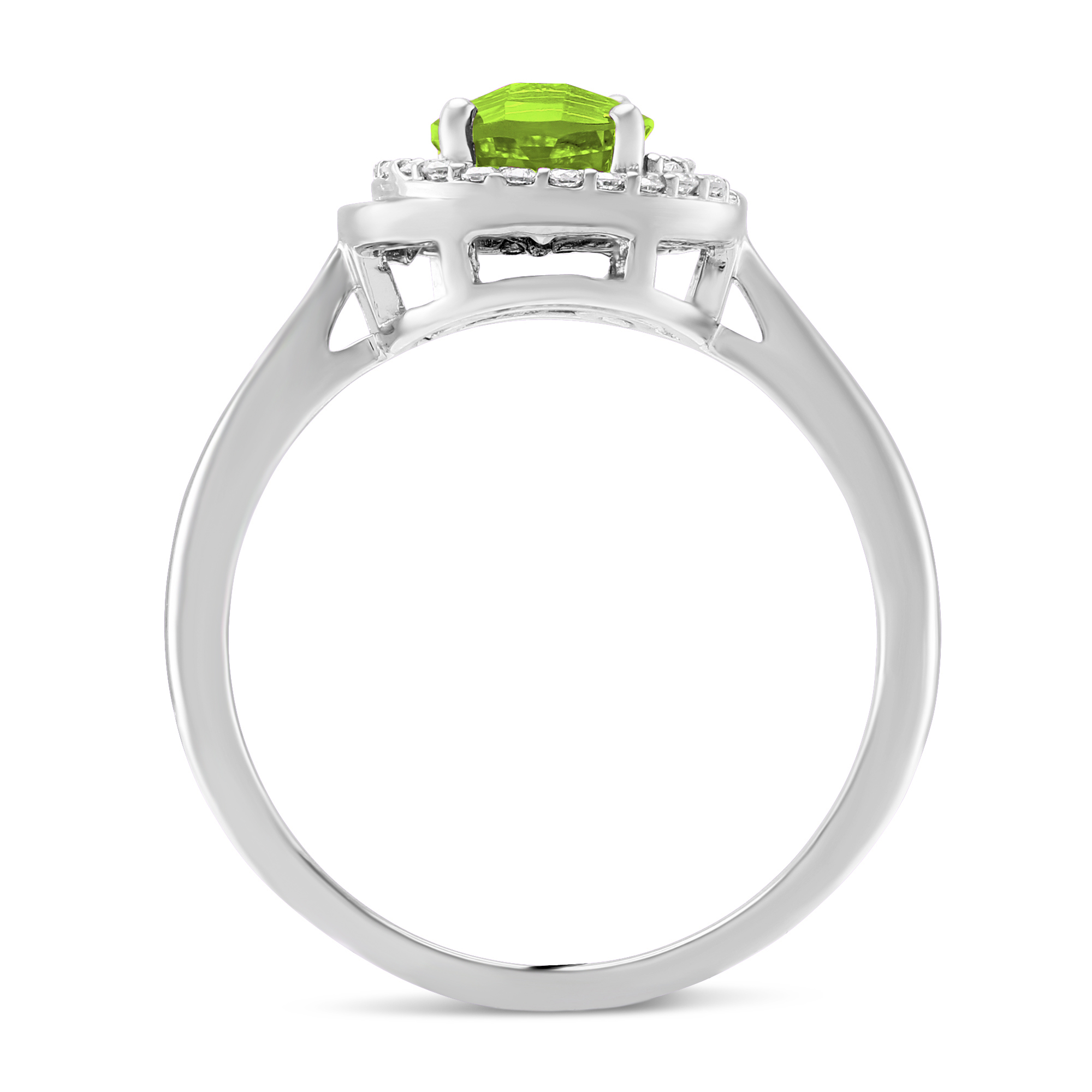 Round Checkerboard Peridot & Diamond Swirl Halo Ring in White Gold