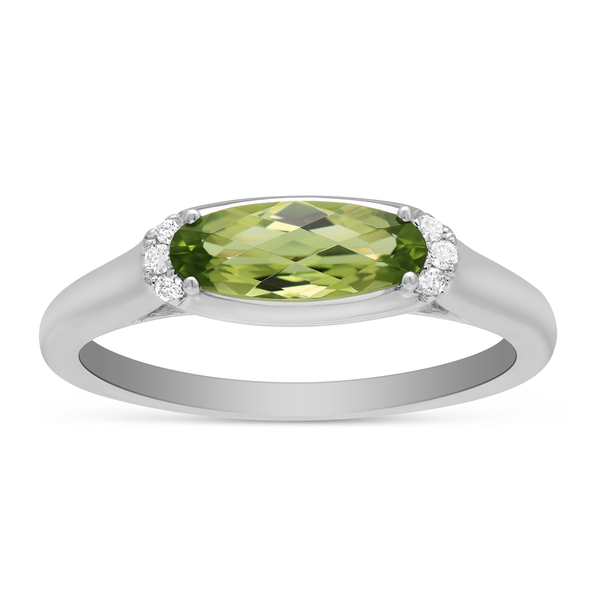 14K White Gold Oval Peridot & Diamond East West Ring