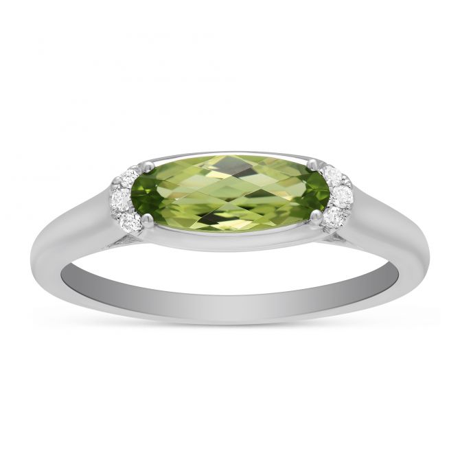 14K White Gold Oval Peridot & Diamond East West Ring