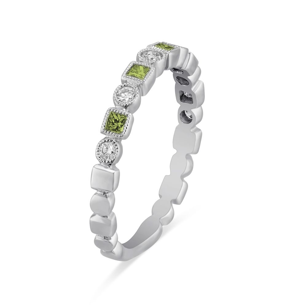 Princess Cut Peridot & Diamond Geometric Ring in White Gold
