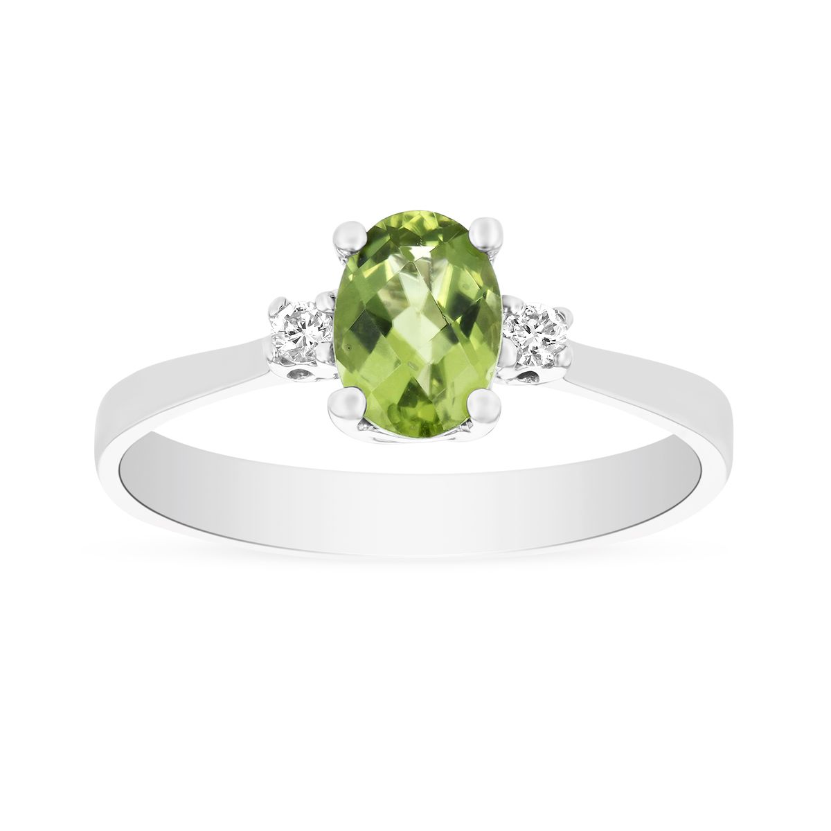 Checkerboard Oval Peridot & Diamond 3 Stone Ring in White Gold