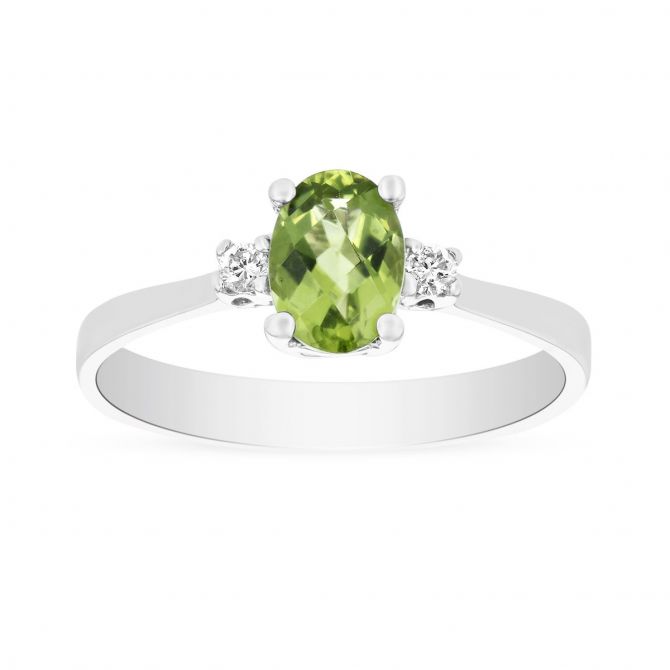 Checkerboard Oval Peridot & Diamond 3 Stone Ring in White Gold