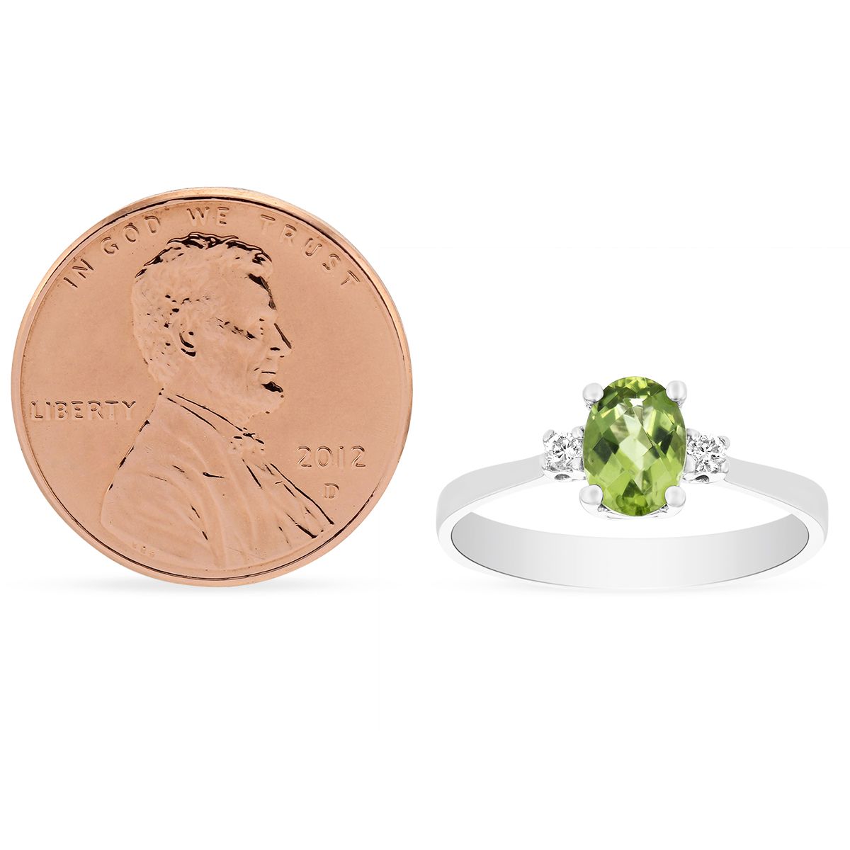Checkerboard Oval Peridot & Diamond 3 Stone Ring in White Gold