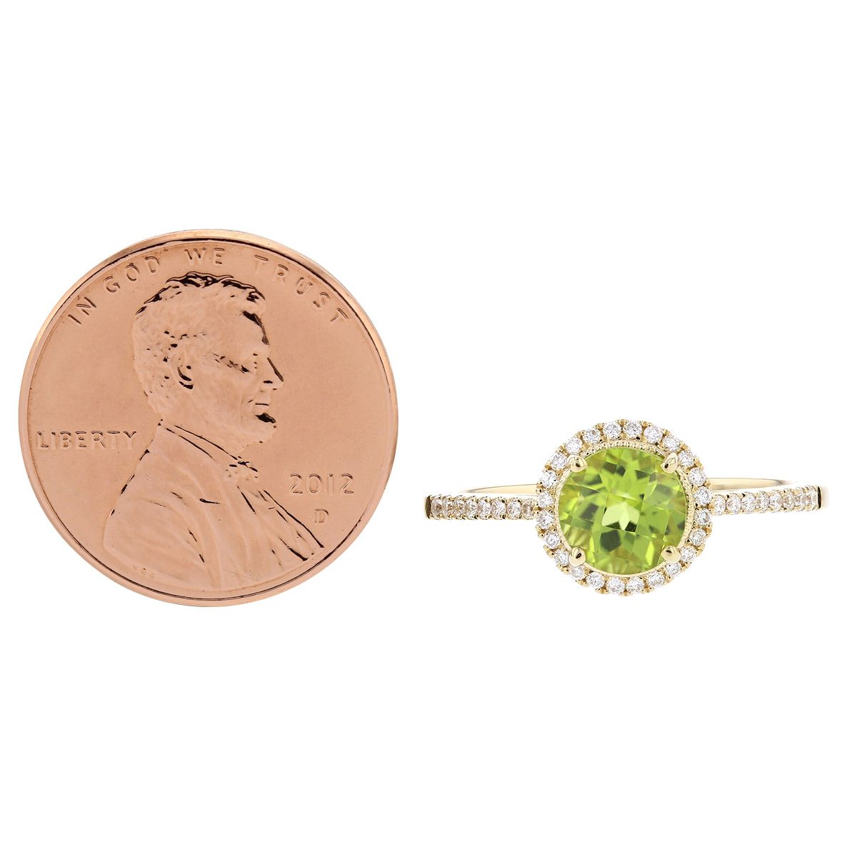 14K Yellow Gold Checkerboard Round Peridot & Diamond Halo Ring