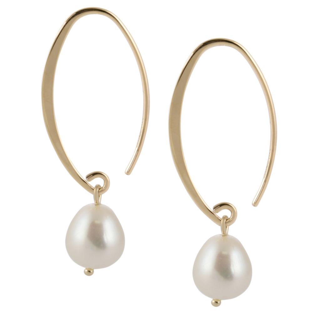 14K Yellow Gold White Freshwater Cultured Pearl Oval Hoop Drop Earrings ...