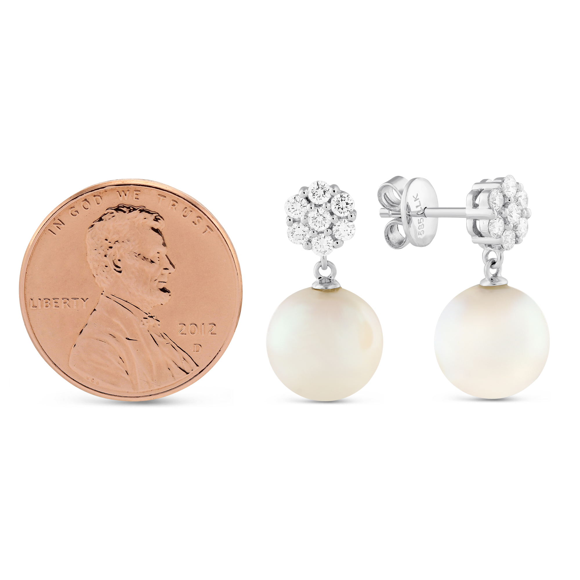 White Cultured Pearl & Diamond Dangle Earrings in White Gold