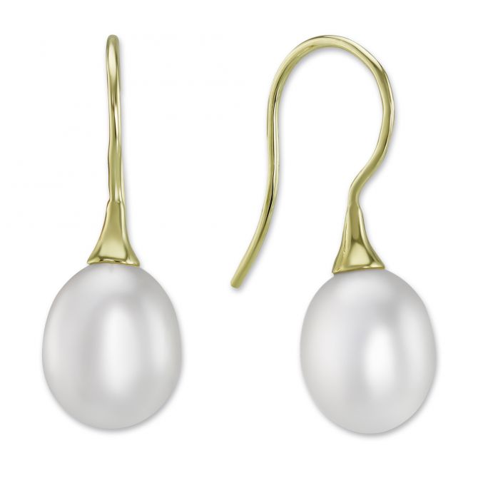 14K Yellow Gold White Freshwater Cultured Pearl Earrings