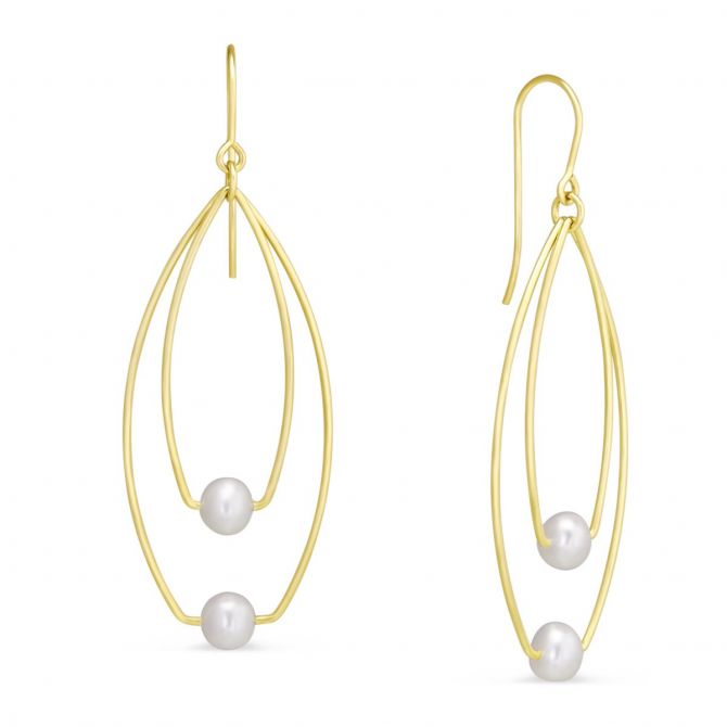 Freshwater Cultured Pearl Double Marquise Shaped Drop Earrings in Yellow Gold