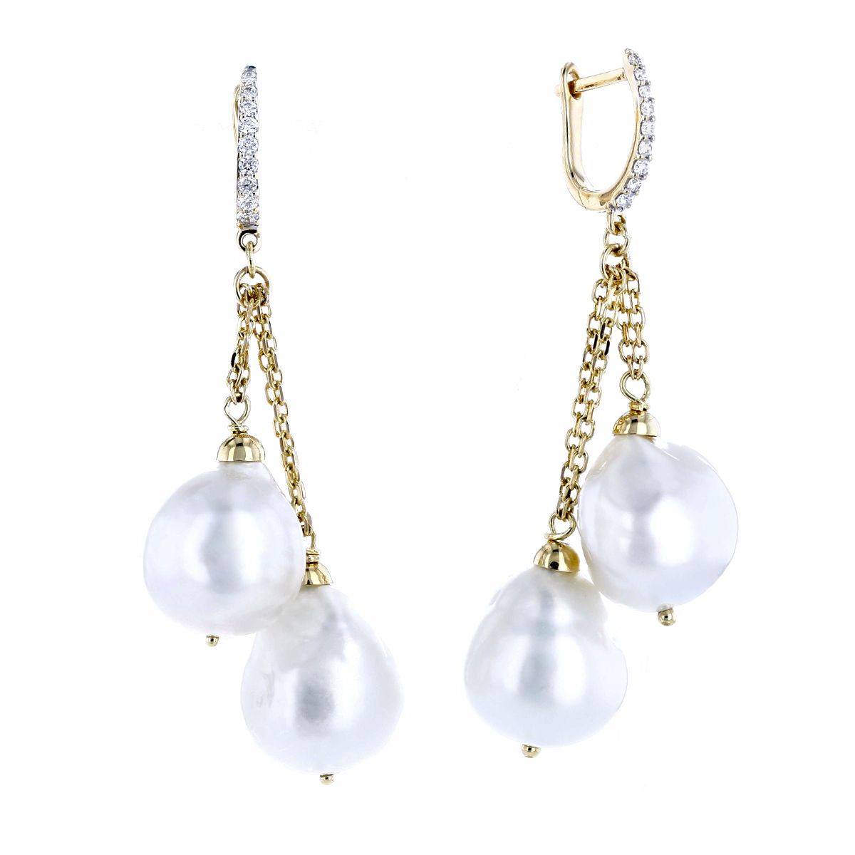 18K Yellow Gold White South Sea Baroque Cultured Pearl & Diamond Chain Dangle Earrings
