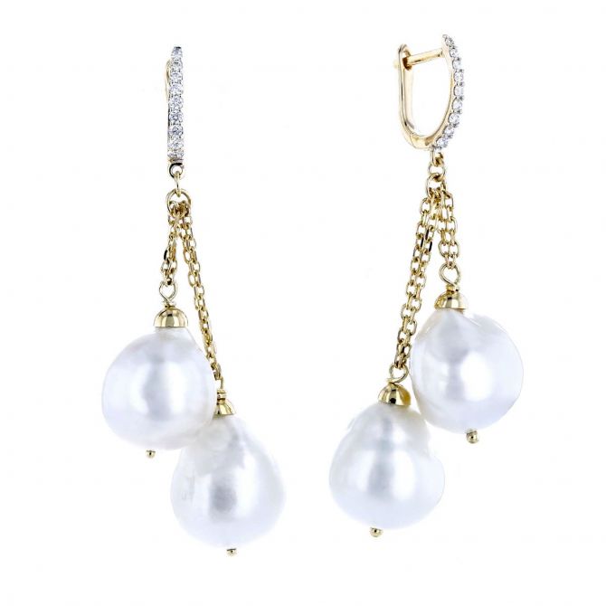 18K Yellow Gold White South Sea Baroque Cultured Pearl & Diamond Chain Dangle Earrings