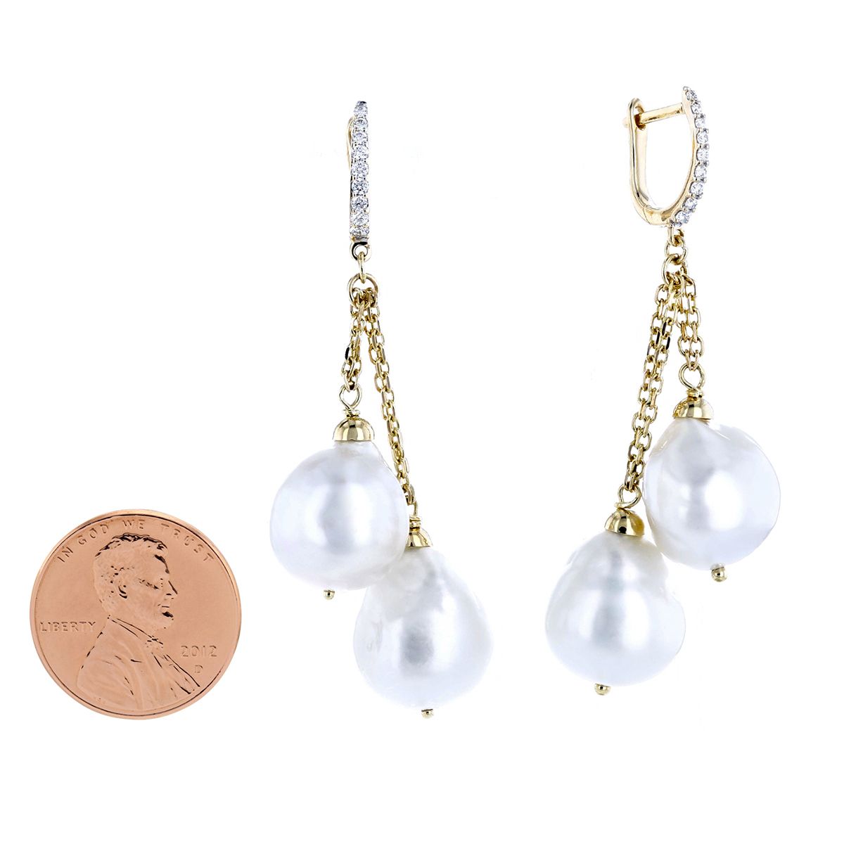 18K Yellow Gold White South Sea Baroque Cultured Pearl & Diamond Chain Dangle Earrings