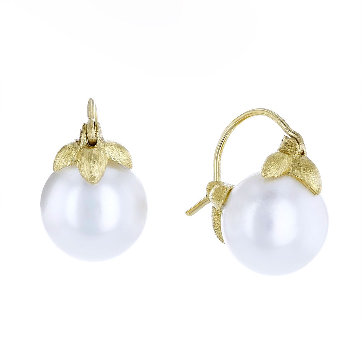 White South Sea Cultured Pearl & Yellow Gold Curved Snap Down Post Earrings