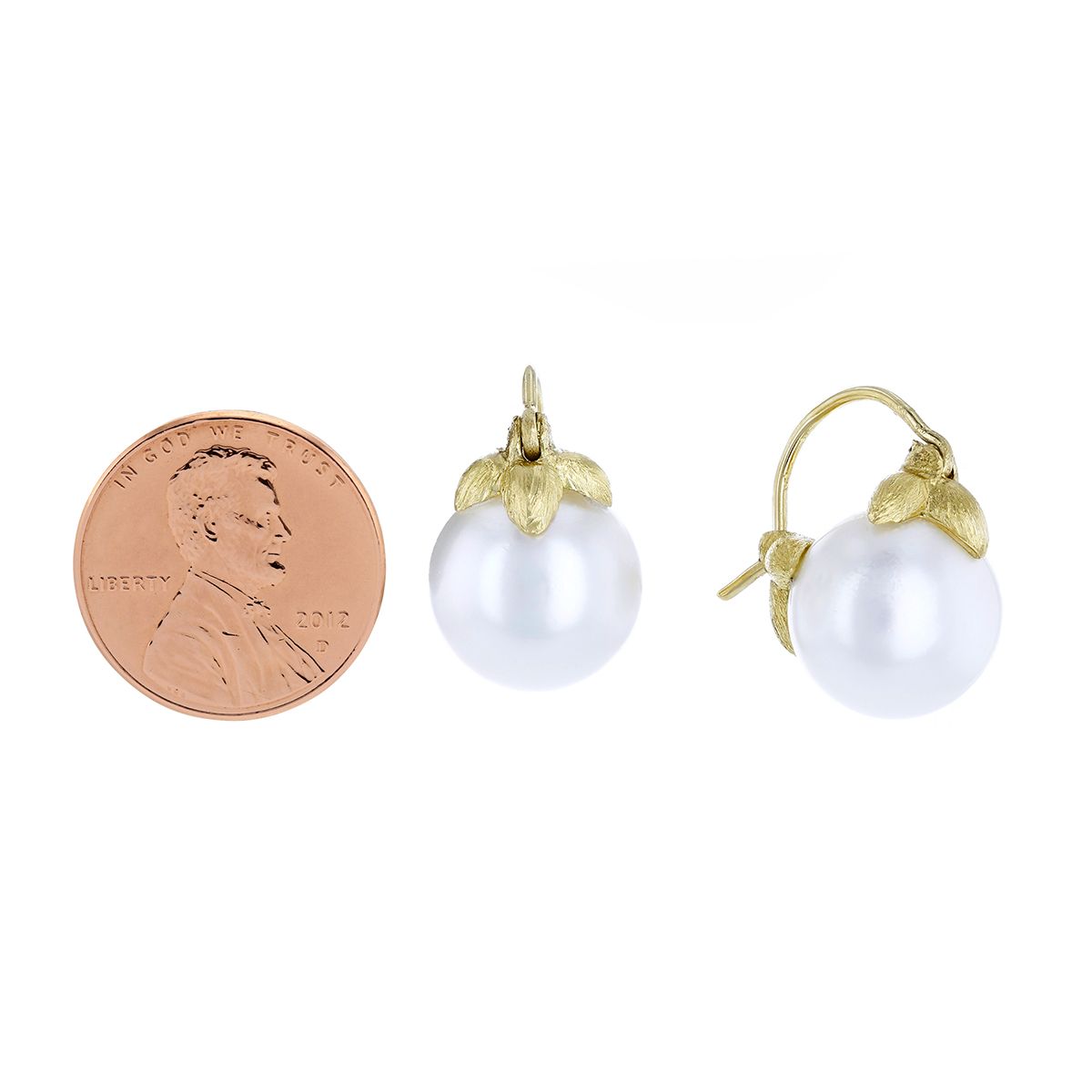 White South Sea Cultured Pearl & Yellow Gold Curved Snap Down Post Earrings