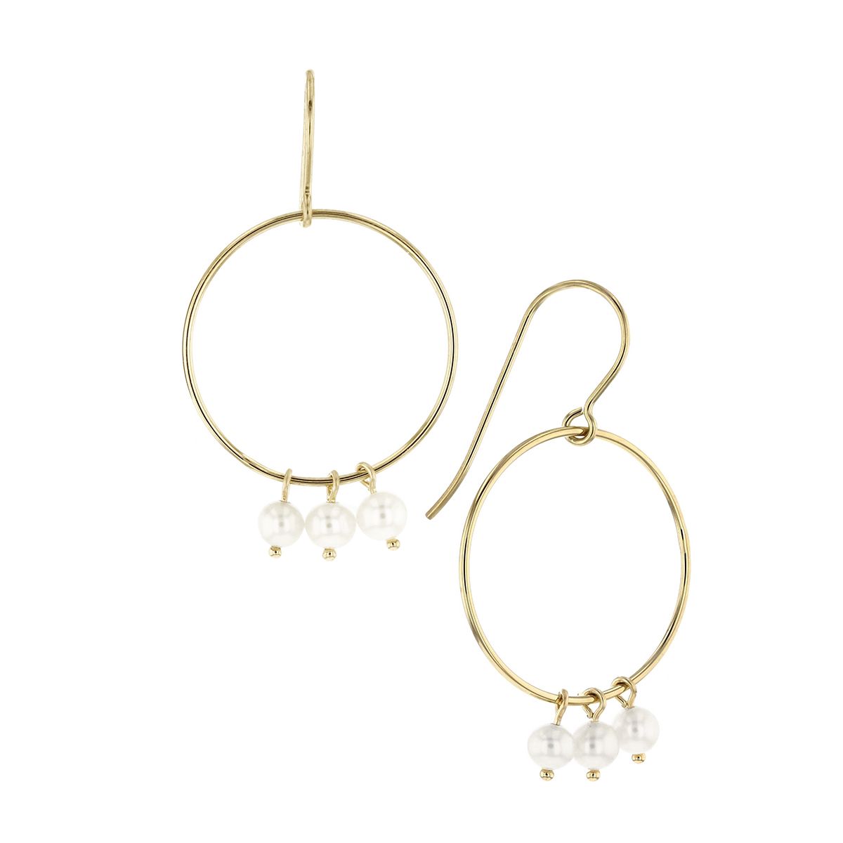 14K Yellow Gold White Freshwater Cultured Pearl Triple Drop Circle Earrings
