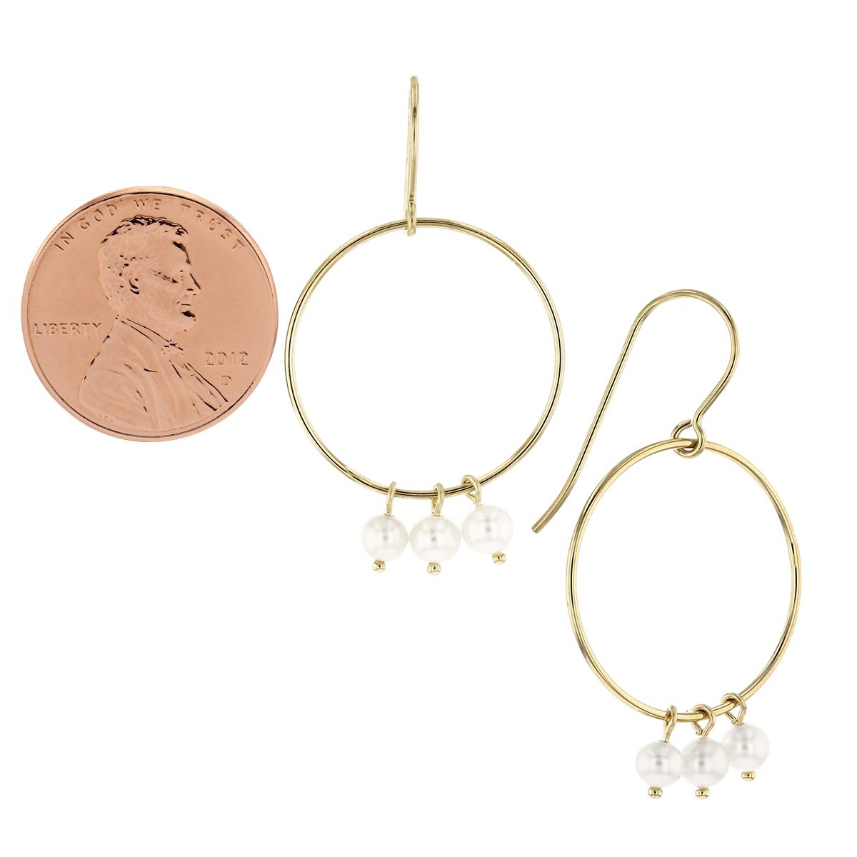 14K Yellow Gold White Freshwater Cultured Pearl Triple Drop Circle Earrings