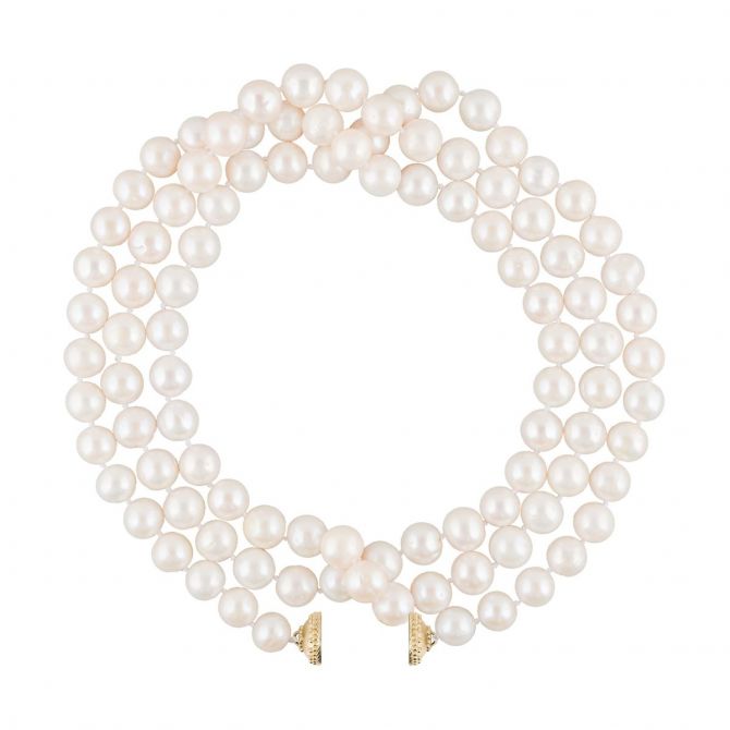 Clara Williams Classic Opera Length White Freshwater Cultured Pearl and Yellow Tone Necklace, 48"