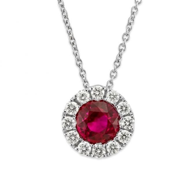 18K White Gold Round Ruby & Diamond Halo Pendant, 17"