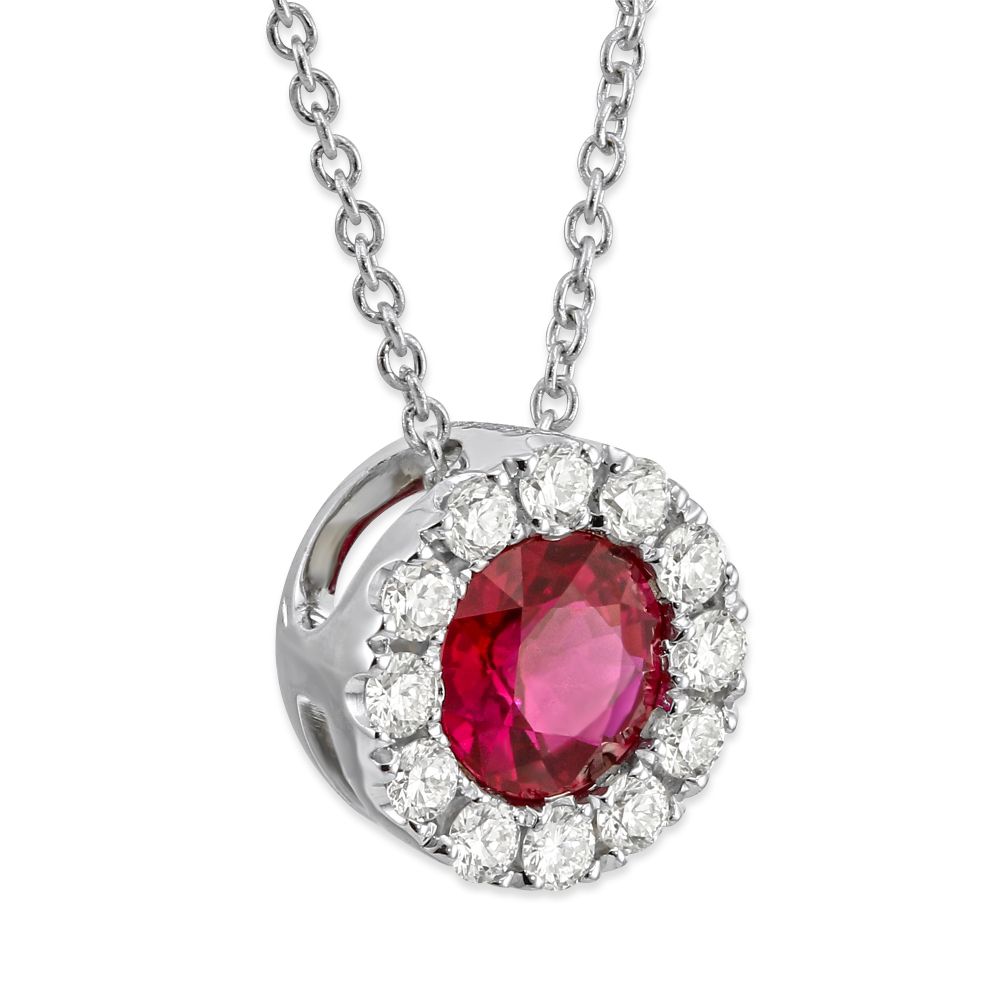 18K White Gold Round Ruby & Diamond Halo Pendant, 17