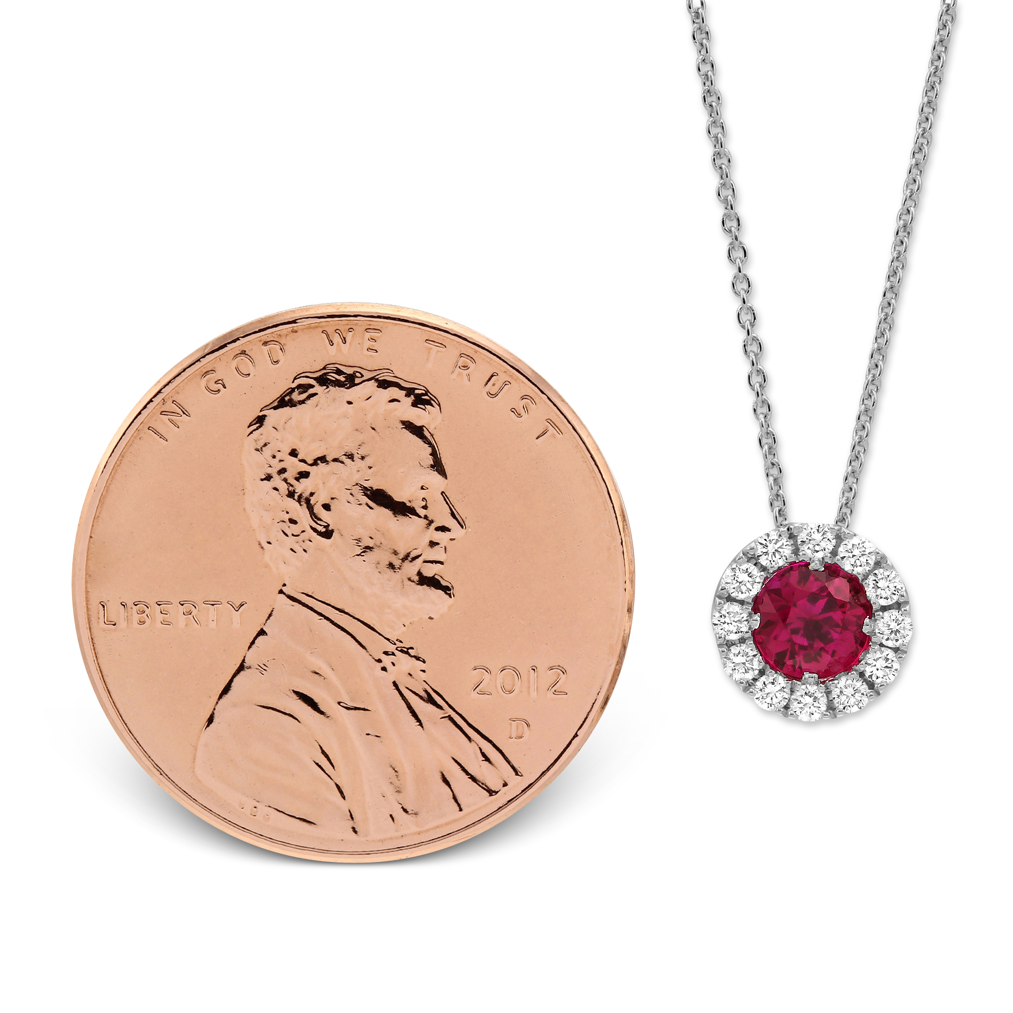 18K White Gold Round Ruby & Diamond Halo Pendant, 17