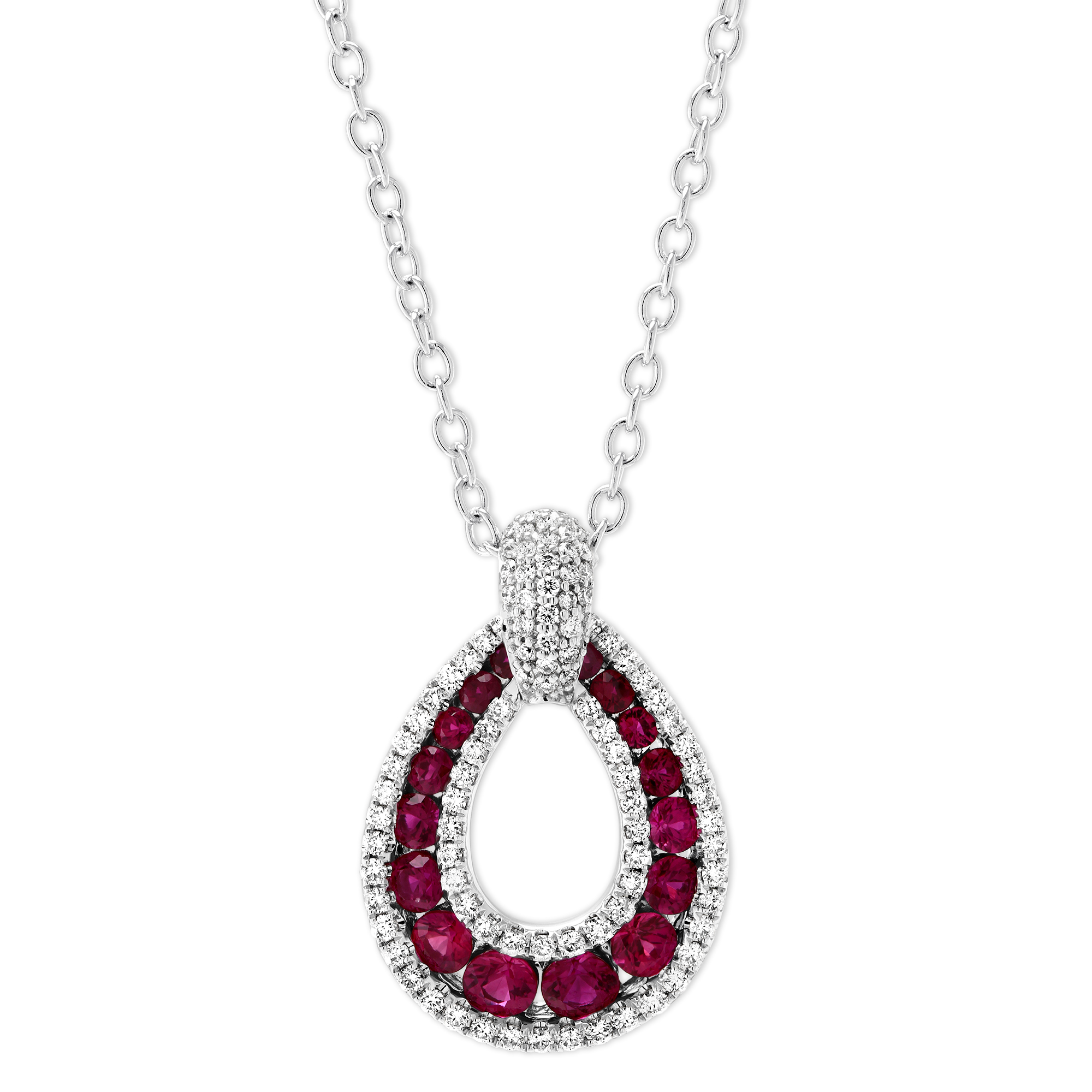 14K White Gold Graduated Ruby & Diamond Teardrop Pendant, 18