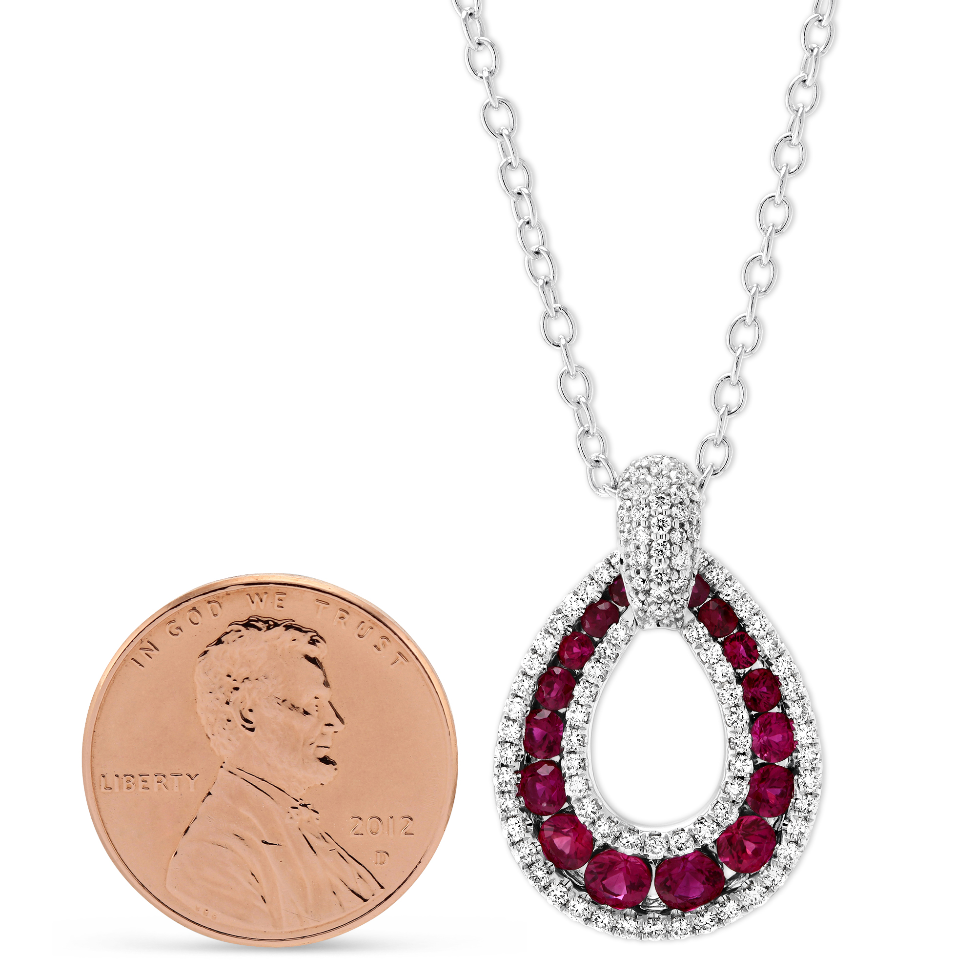 14K White Gold Graduated Ruby & Diamond Teardrop Pendant, 18