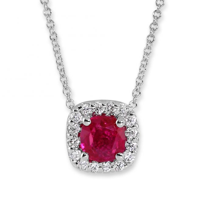 18K White Gold Cushion Ruby & Diamond Halo Pendant