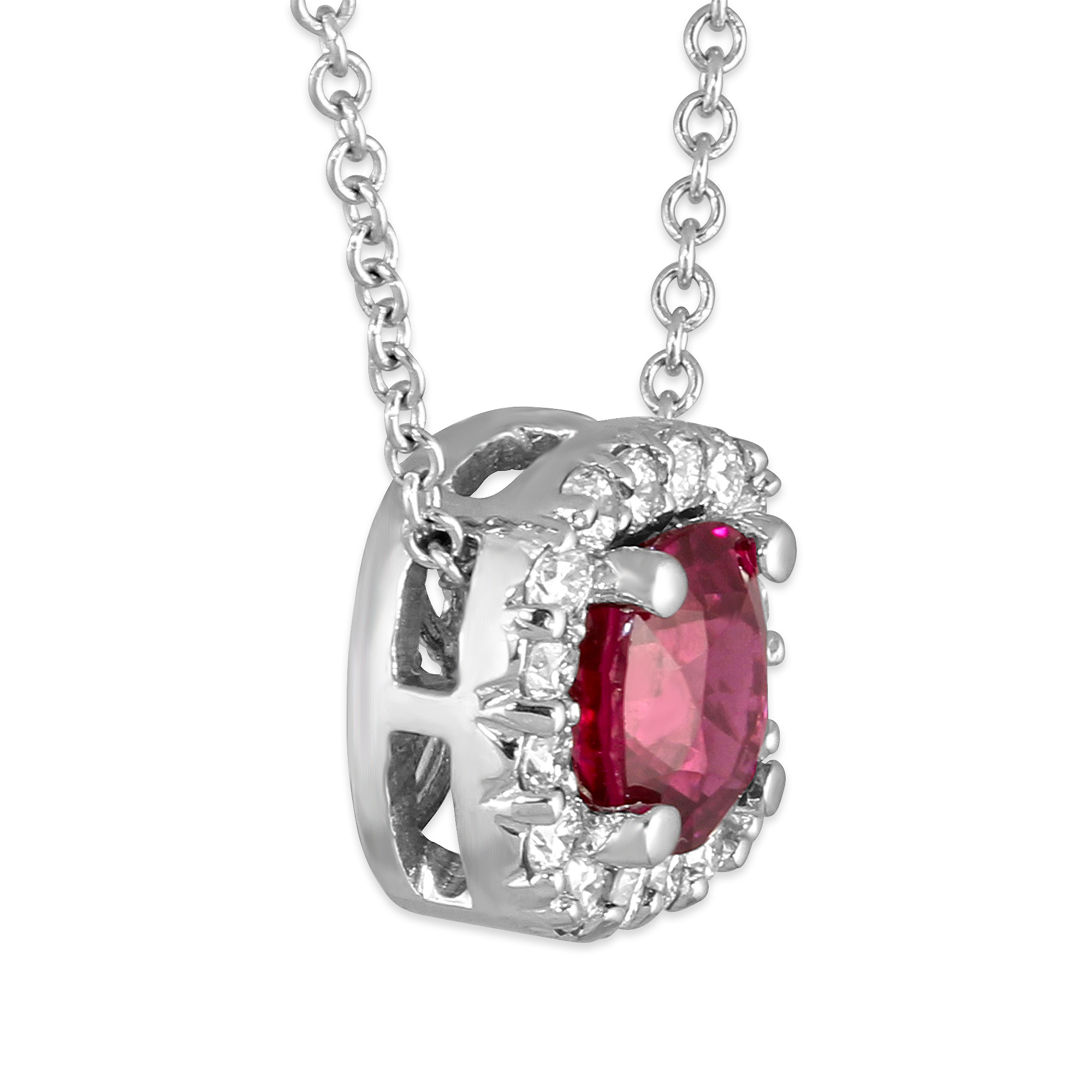18K White Gold Cushion Ruby & Diamond Halo Pendant
