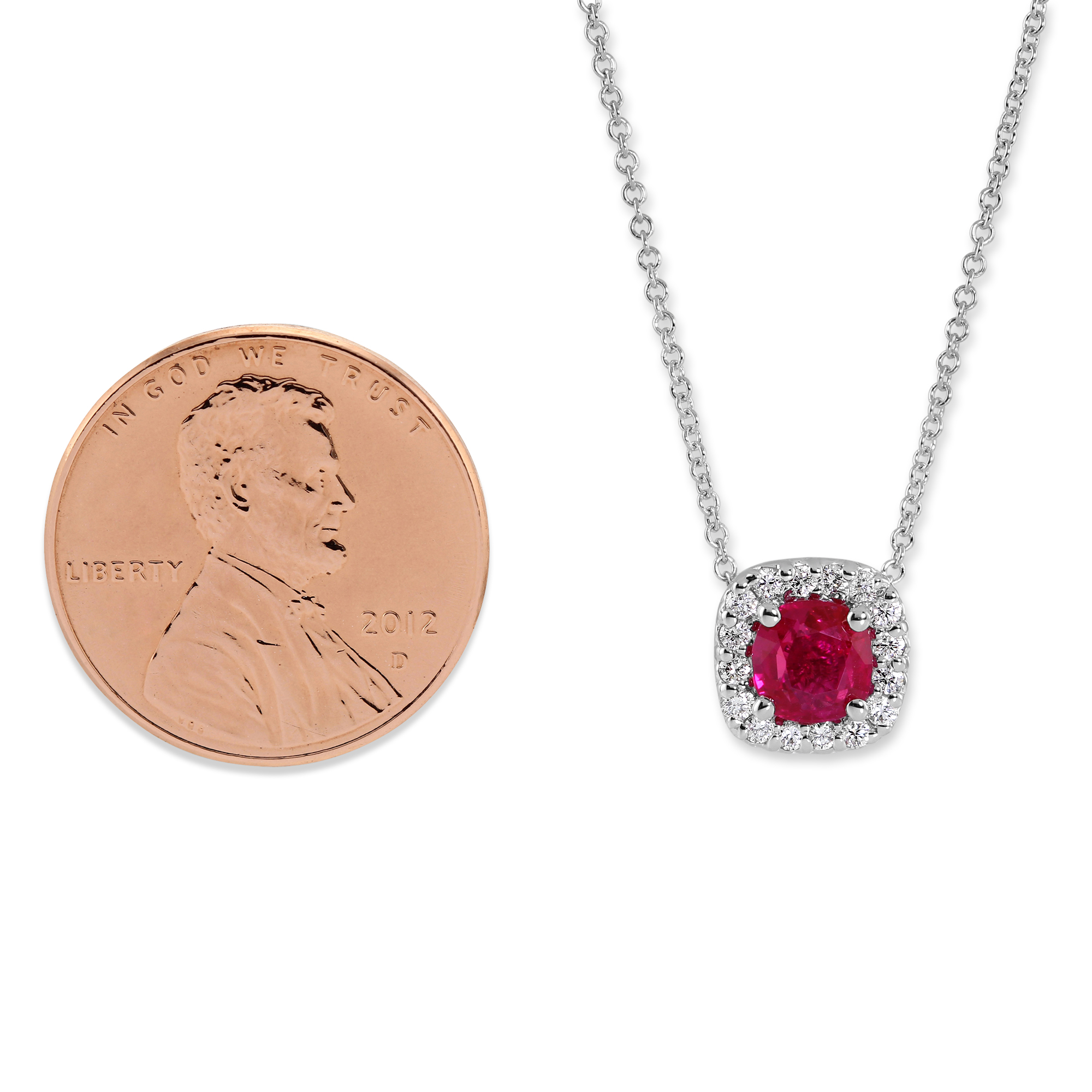 18K White Gold Cushion Ruby & Diamond Halo Pendant