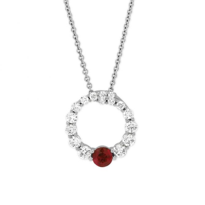 Diamond & Ruby Circle Pendant in White Gold, 18"