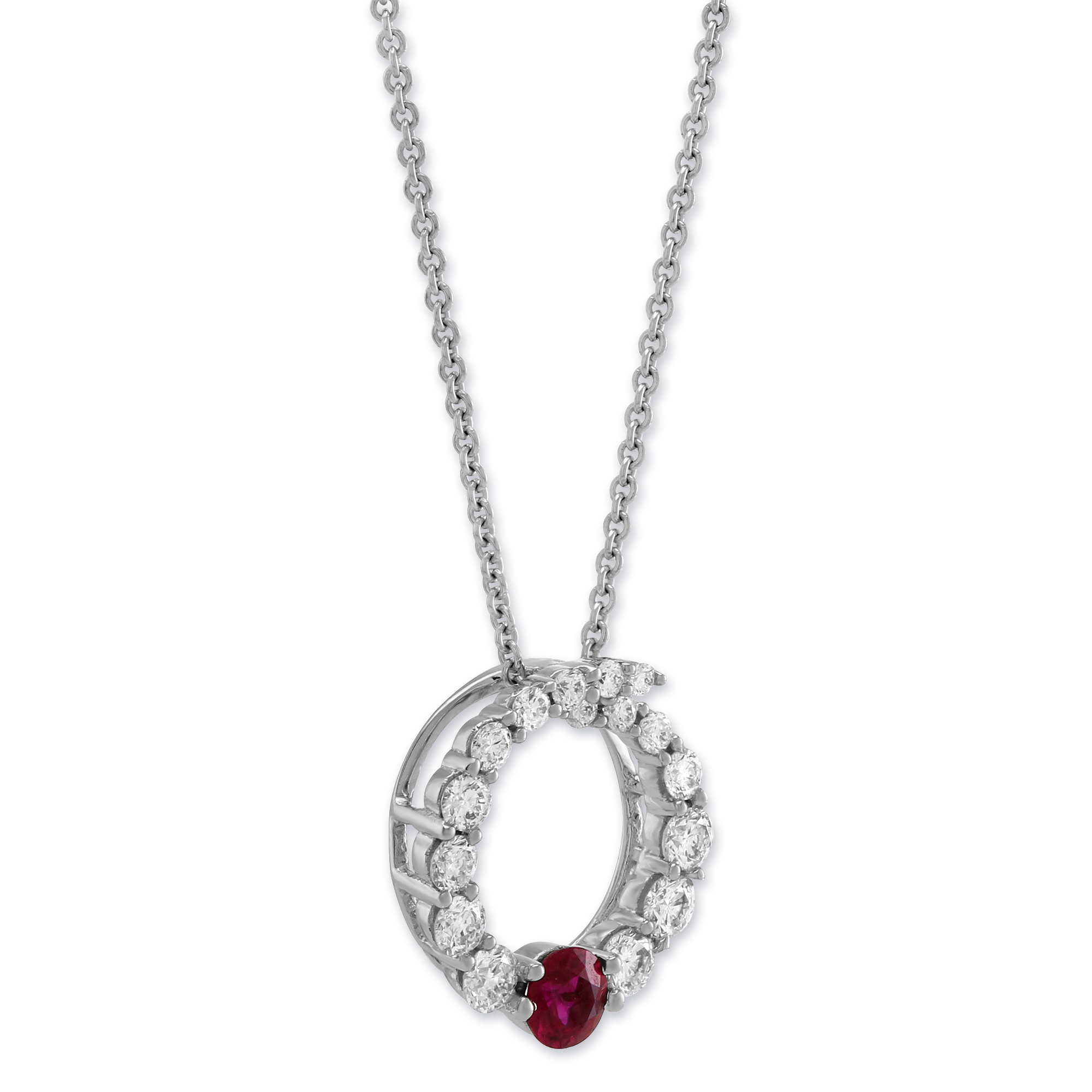 Diamond & Ruby Circle Pendant in White Gold, 18