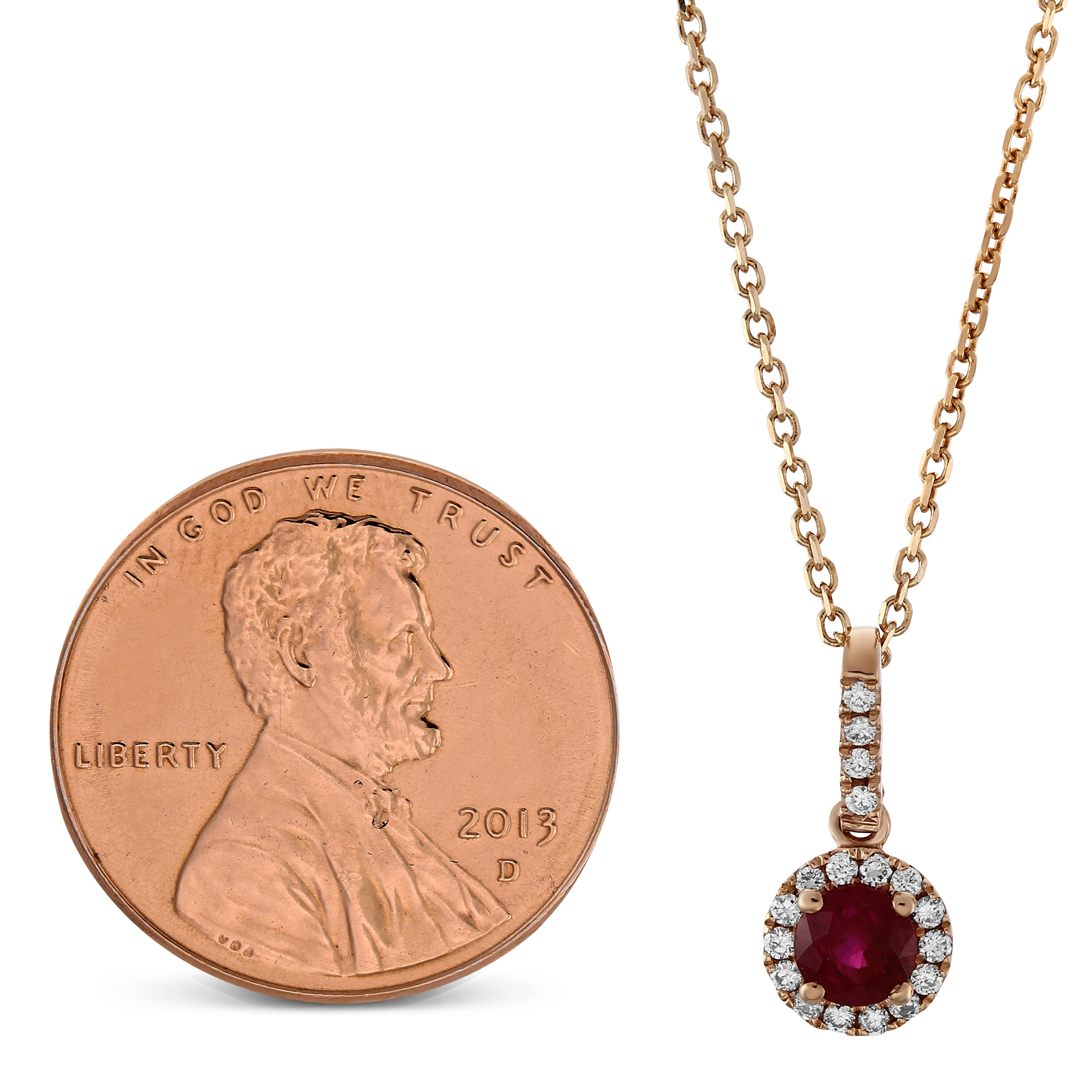 14K Rose Gold Ruby & Diamond Halo Pendant, 18