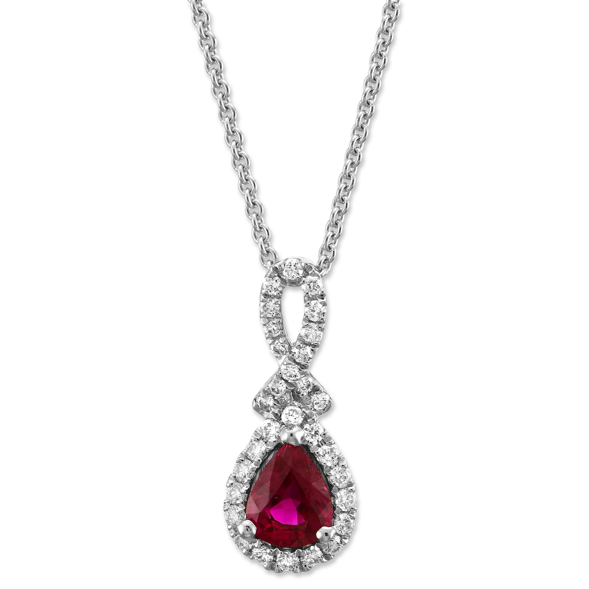Pear Shaped Ruby & Diamond Pendant in White Gold, 18