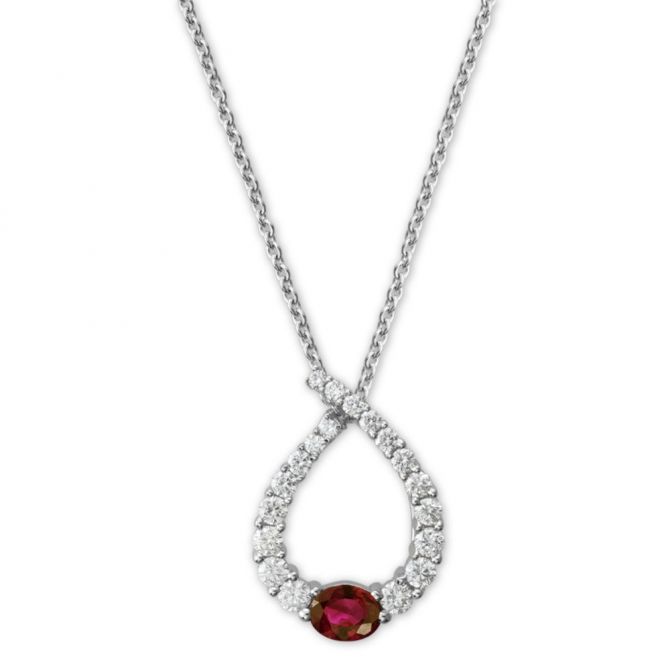 14K White Gold Oval Ruby & Diamond Teardrop Pendant, 18"