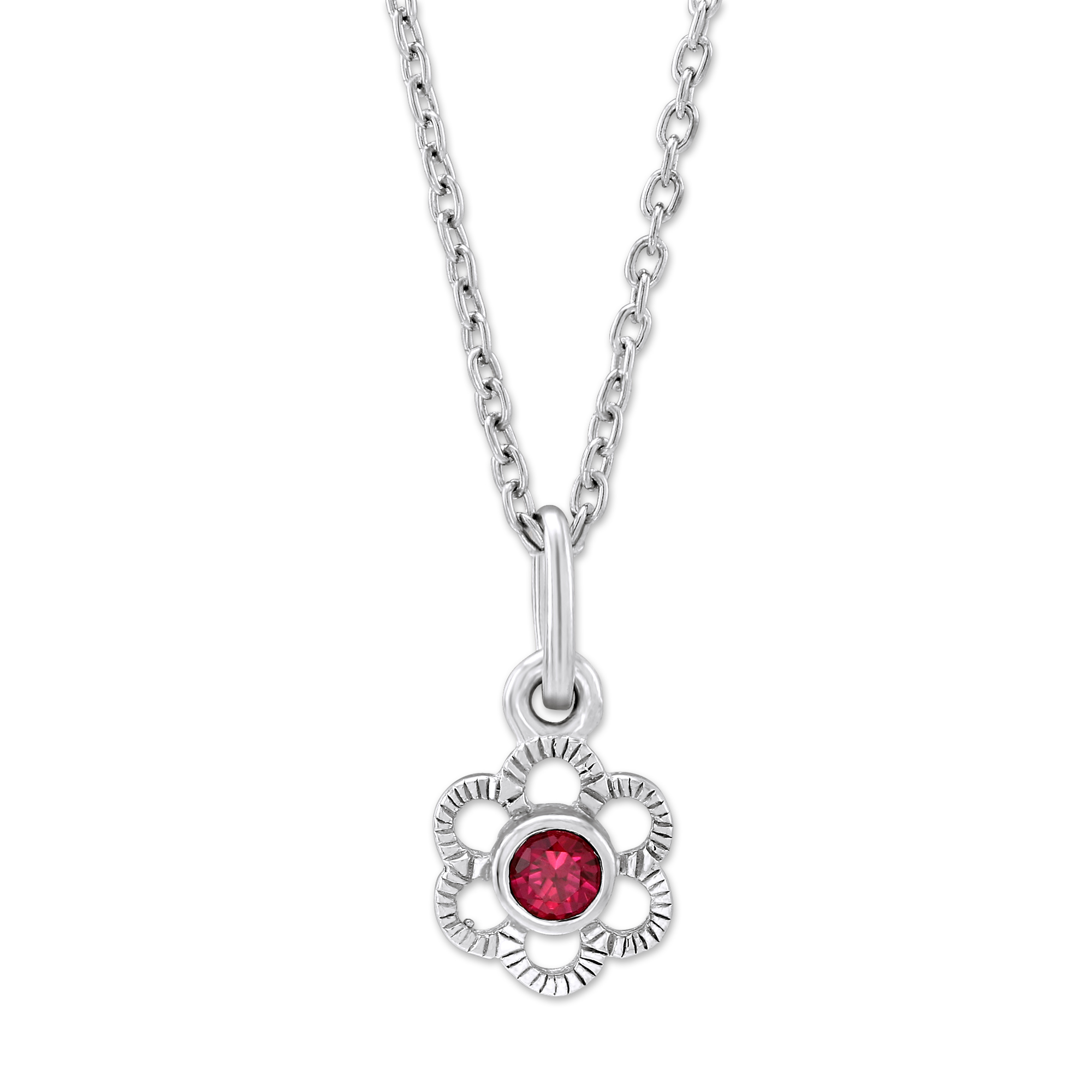 Sterling Silver Children's Red Crystal Flower Pendant, 15