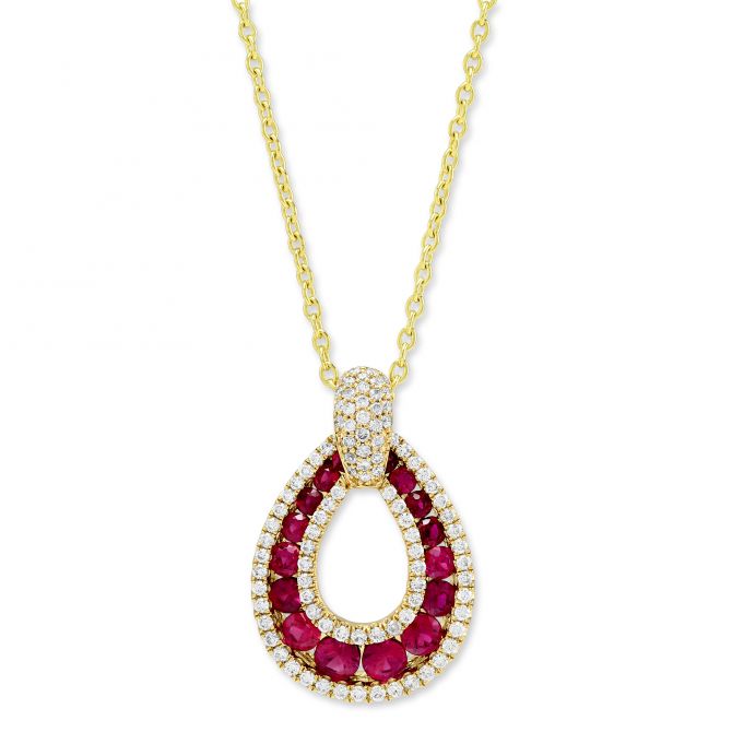 14K Yellow Gold Ruby & Diamond Drop Pendant, 18"