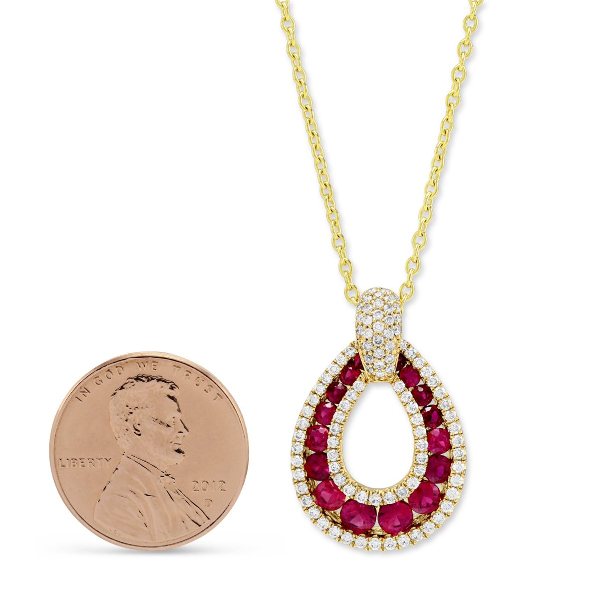 14K Yellow Gold Ruby & Diamond Drop Pendant, 18