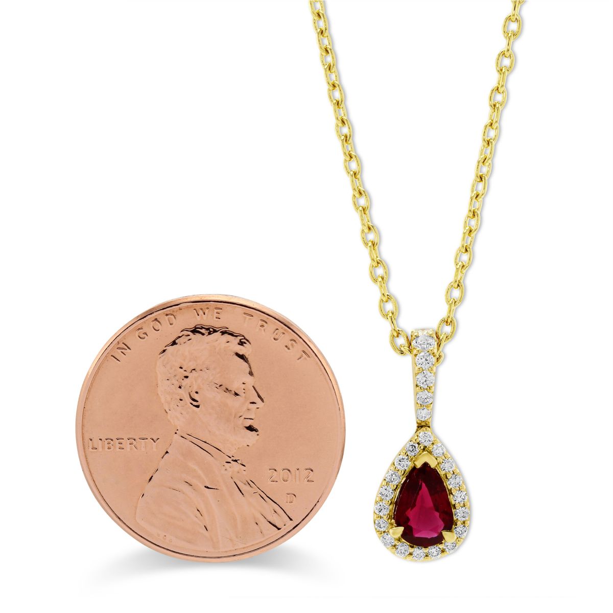 Pear Shaped Ruby & Diamond Pendant in Yellow Gold, 18