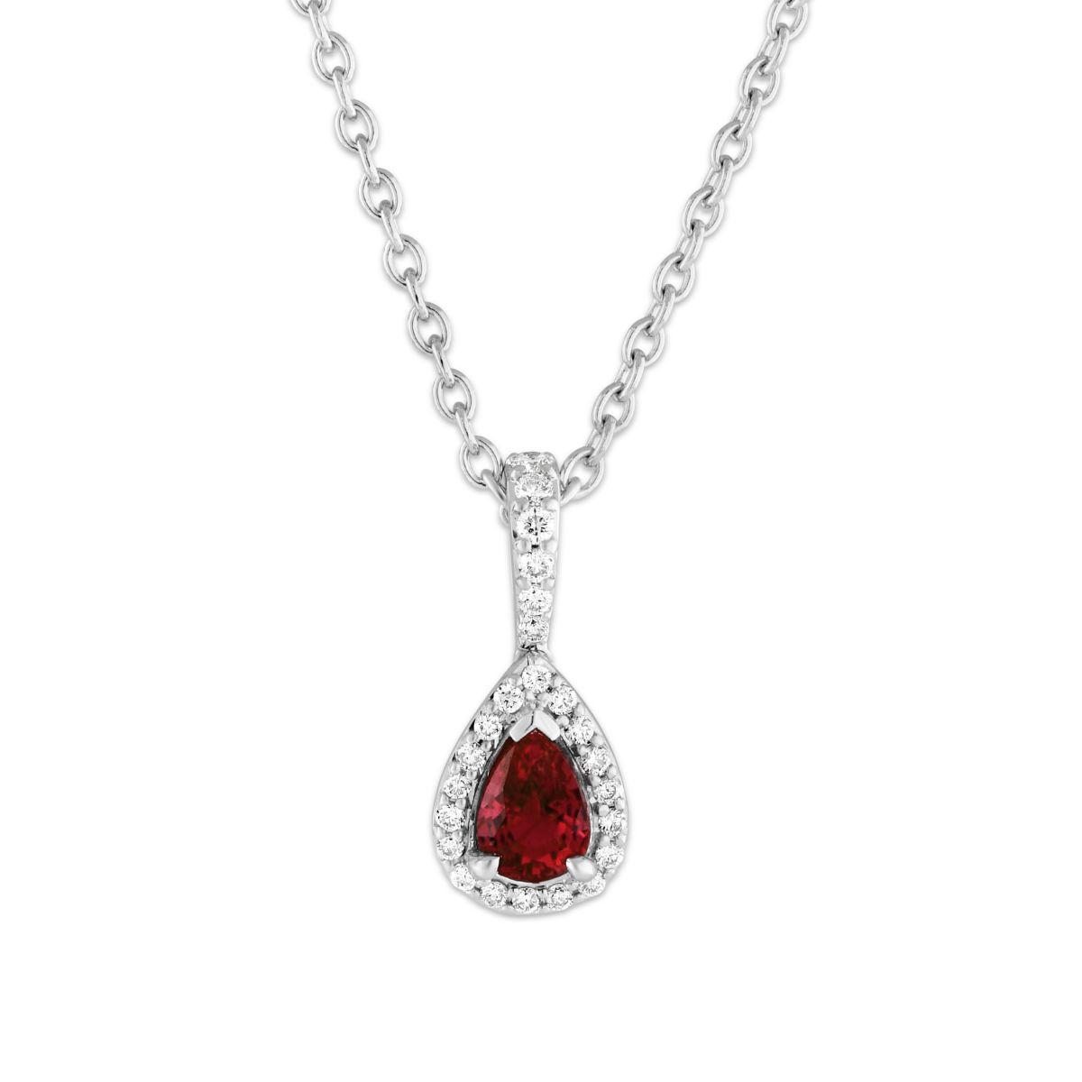 14K White Gold Pear Shaped Ruby & Diamond Halo Pendant, 18