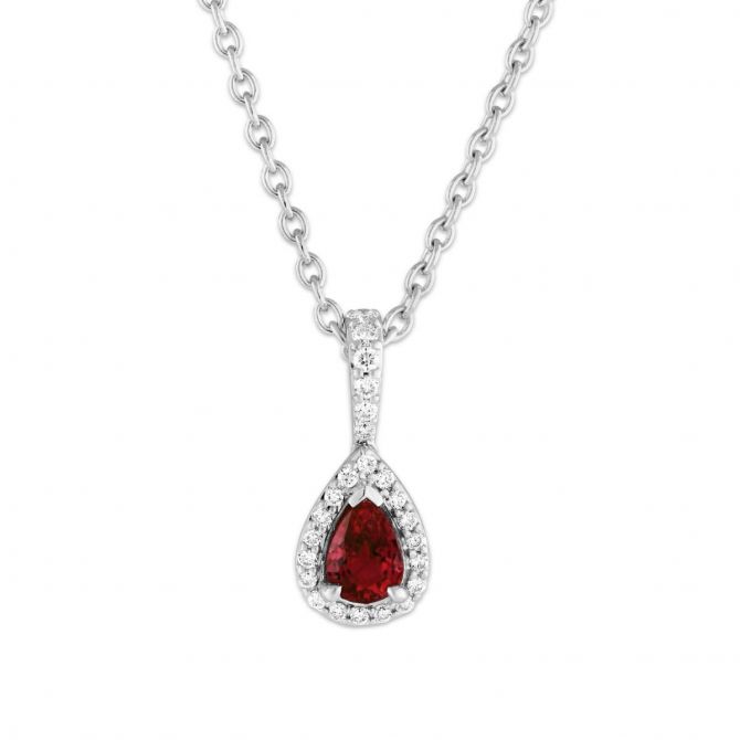14K White Gold Pear Shaped Ruby & Diamond Halo Pendant, 18"