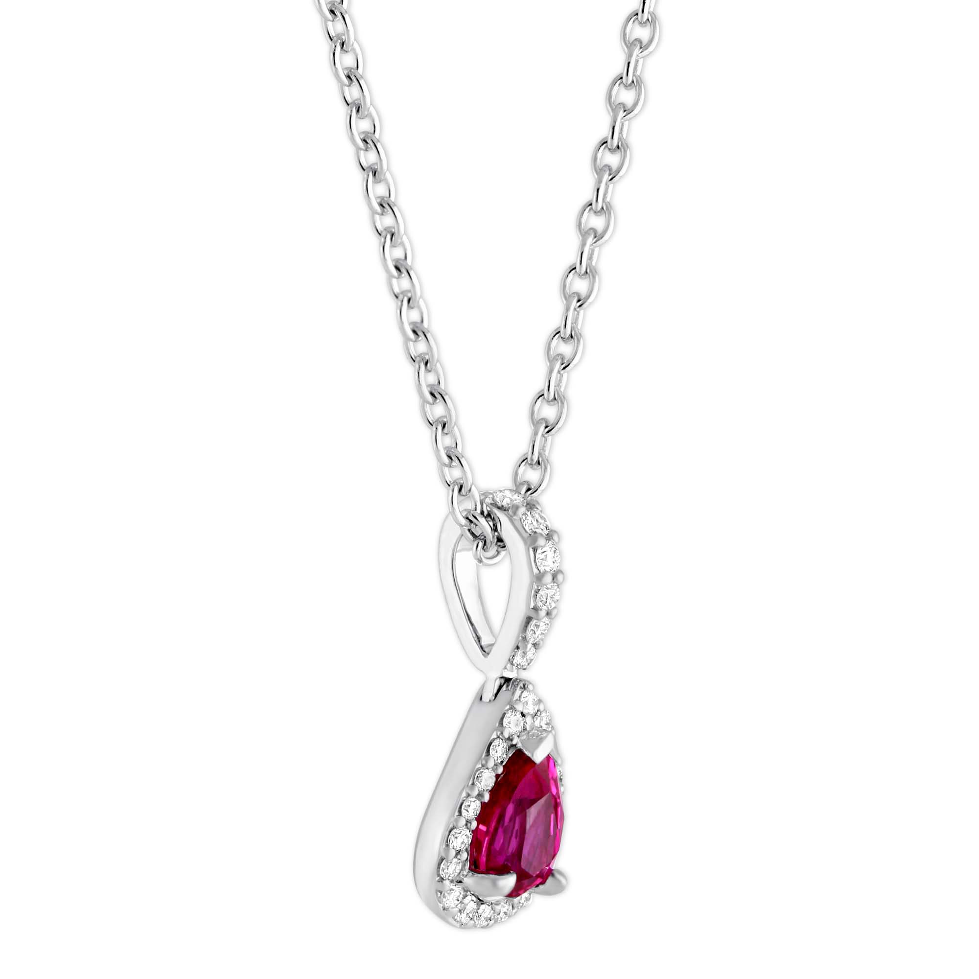 14K White Gold Pear Shaped Ruby & Diamond Halo Pendant, 18