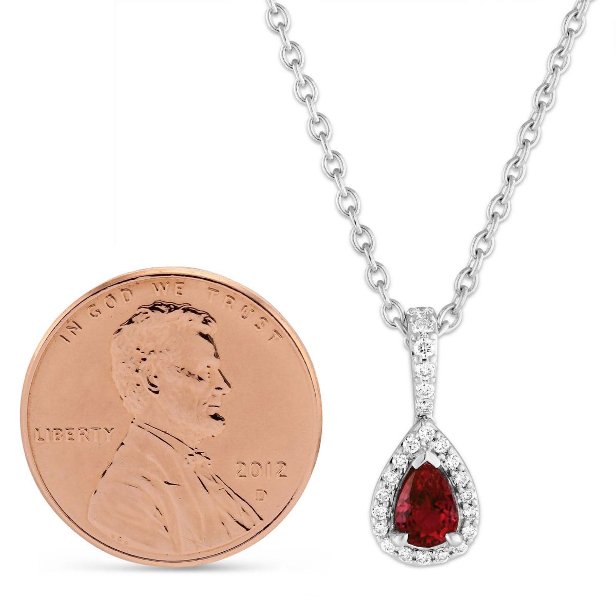 14K White Gold Pear Shaped Ruby & Diamond Halo Pendant, 18