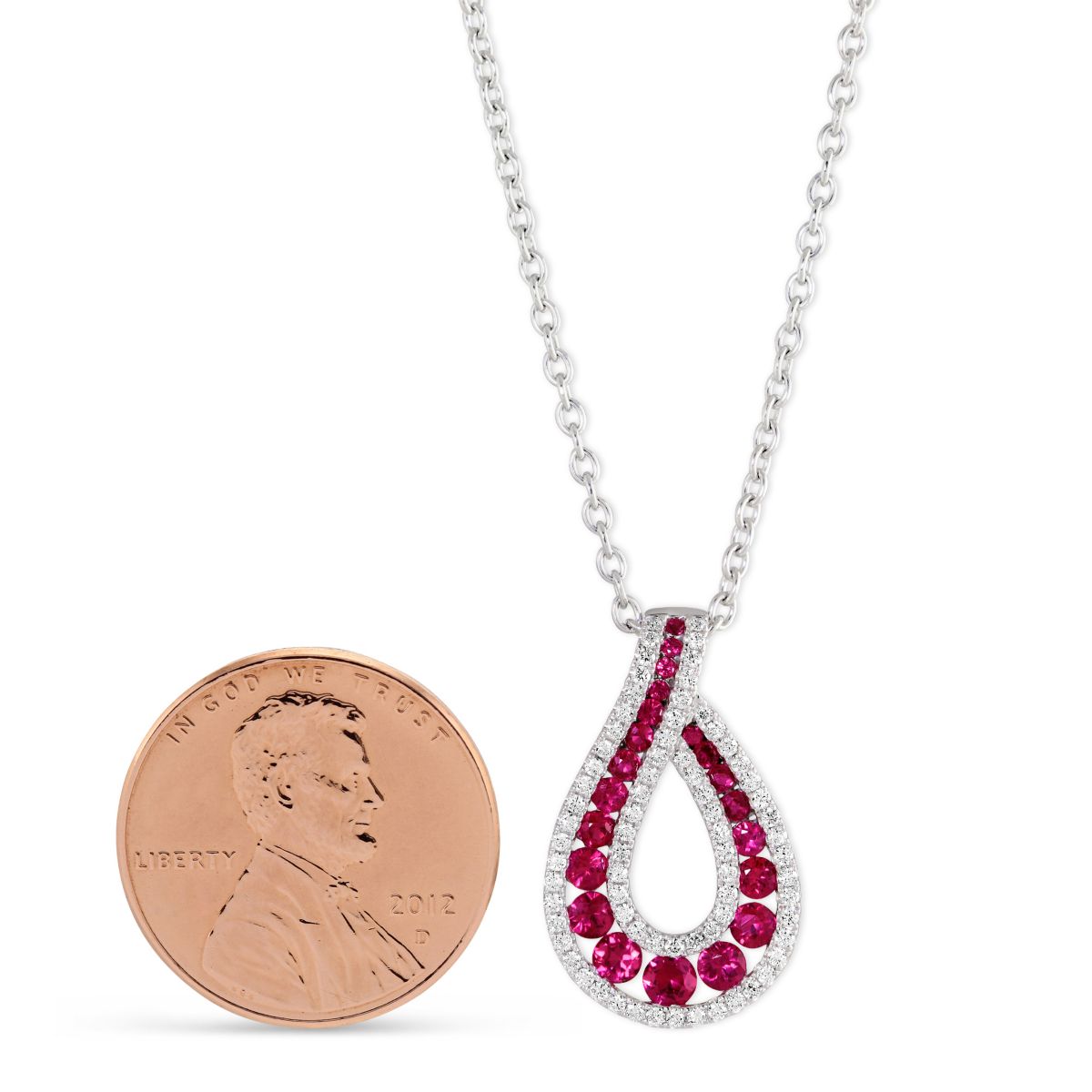 14K White Gold Ruby & Diamond Teardrop Pendant, 18
