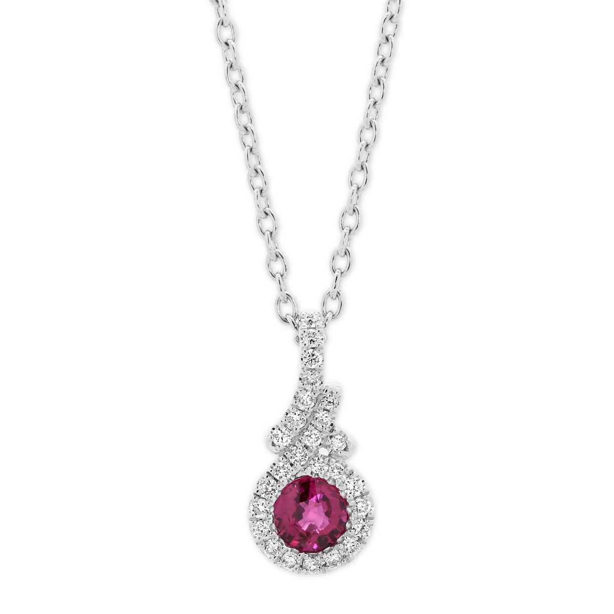 14K White Gold Ruby Pendant with Diamond Halo & Bezel, 18