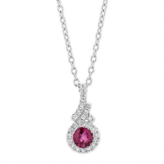 14K White Gold Ruby Pendant with Diamond Halo & Bezel, 18"