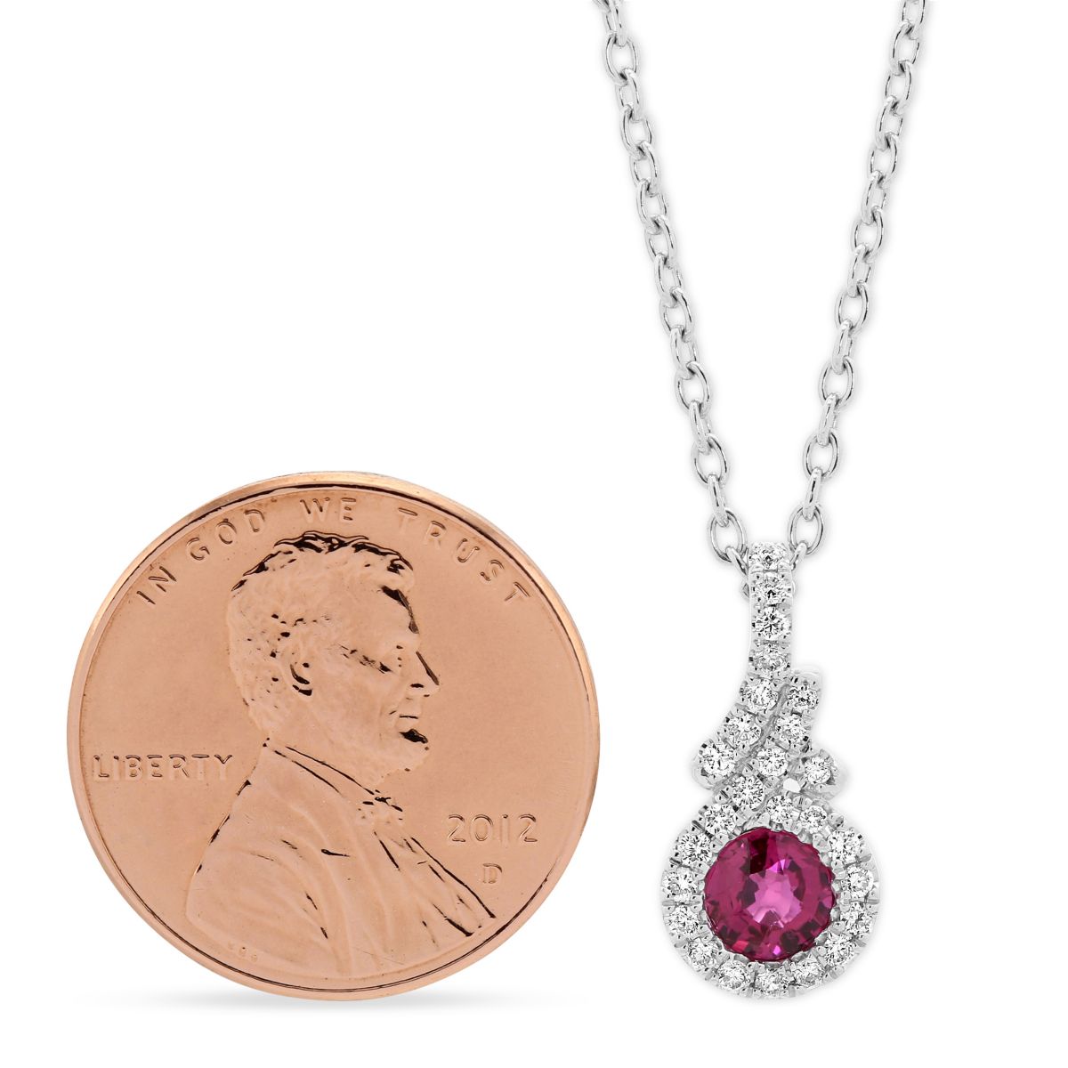 14K White Gold Ruby Pendant with Diamond Halo & Bezel, 18