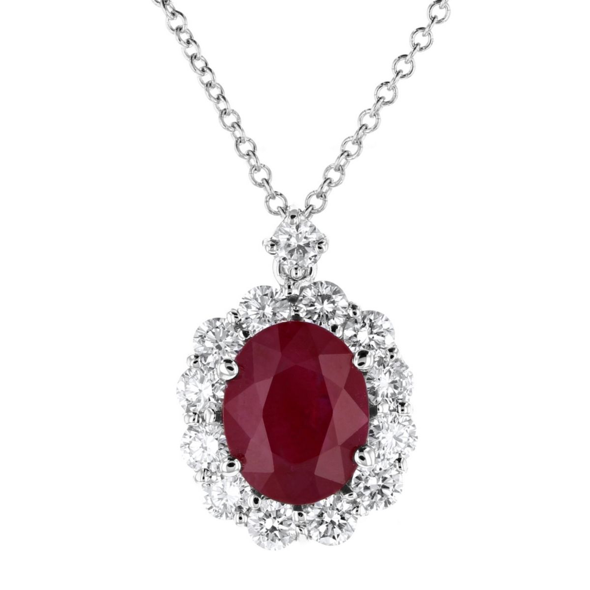 18K White Gold Oval Ruby & Diamond Halo Pendant, 16