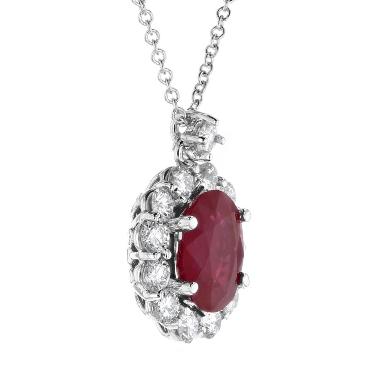 18K White Gold Oval Ruby & Diamond Halo Pendant, 16