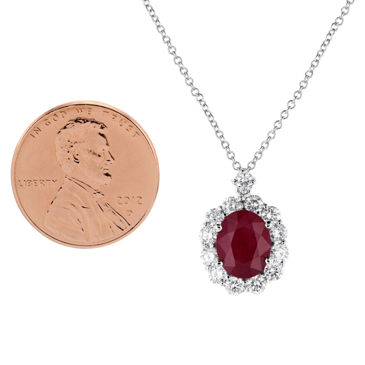 18K White Gold Oval Ruby & Diamond Halo Pendant, 16