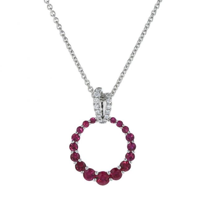 14K White Gold Ruby & Diamond Graduated Open Circle Pendant, 18"
